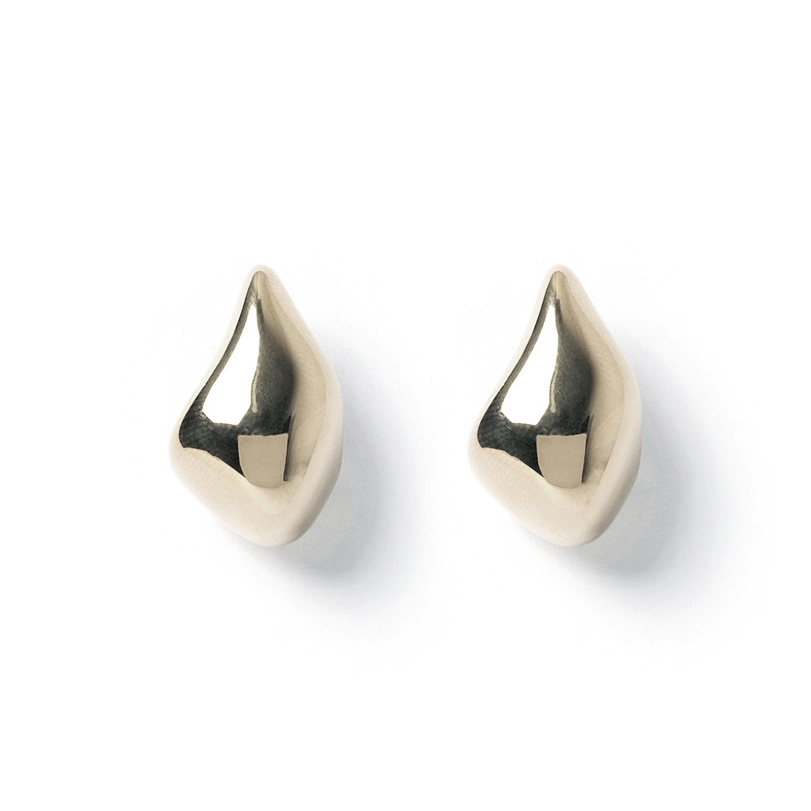 Arms Of Eve Delphine silver earring pair, classic, softly shaped forms shining on a smooth surface