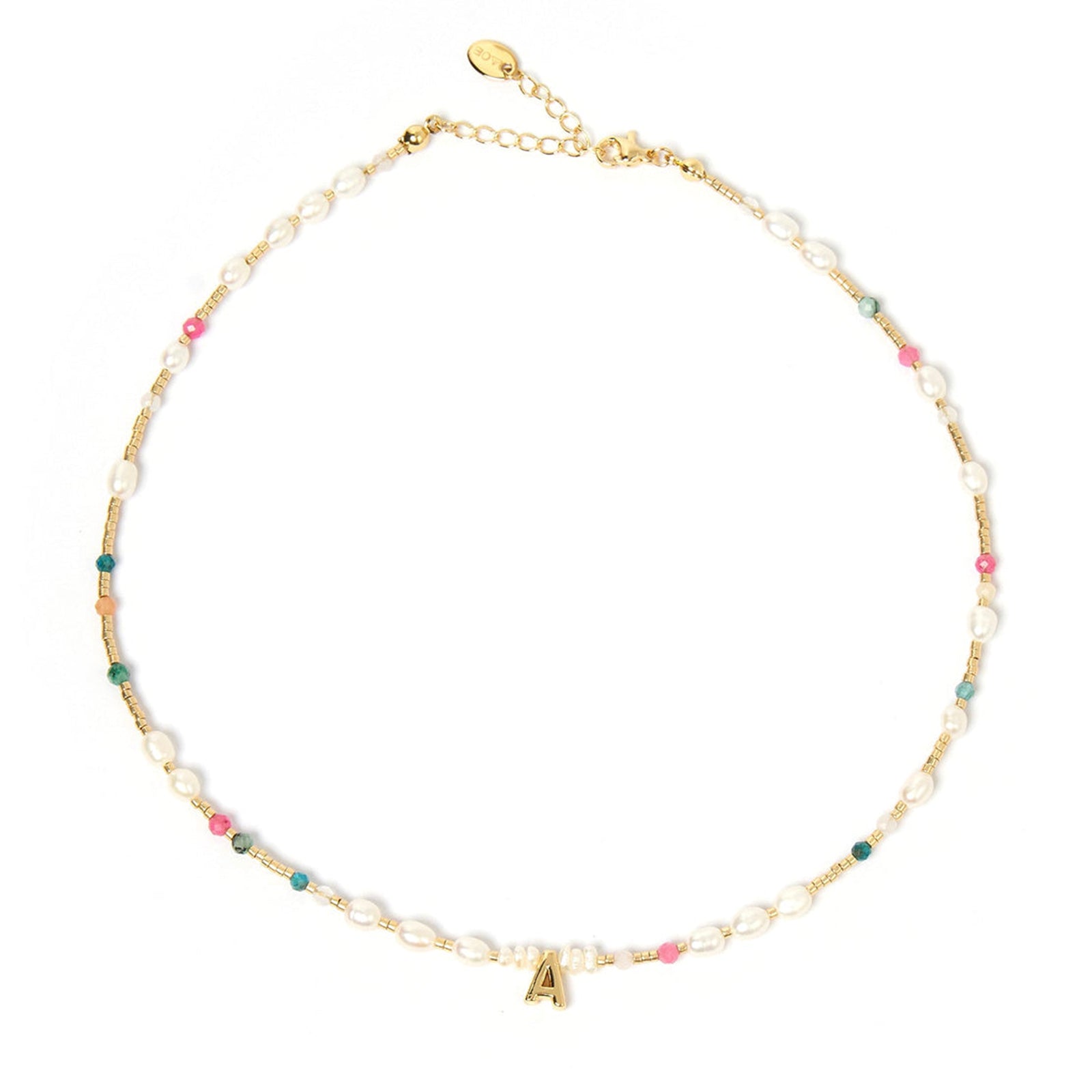 Arms Of Eve delicate beaded gemstone and pearl necklace featuring a letter charm, adorned with pearls and beads
