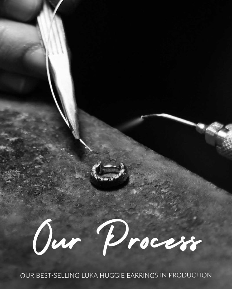 Arms Of Eve: "Our process", handwritten over image of craftsman's hands working on a jewelry piece