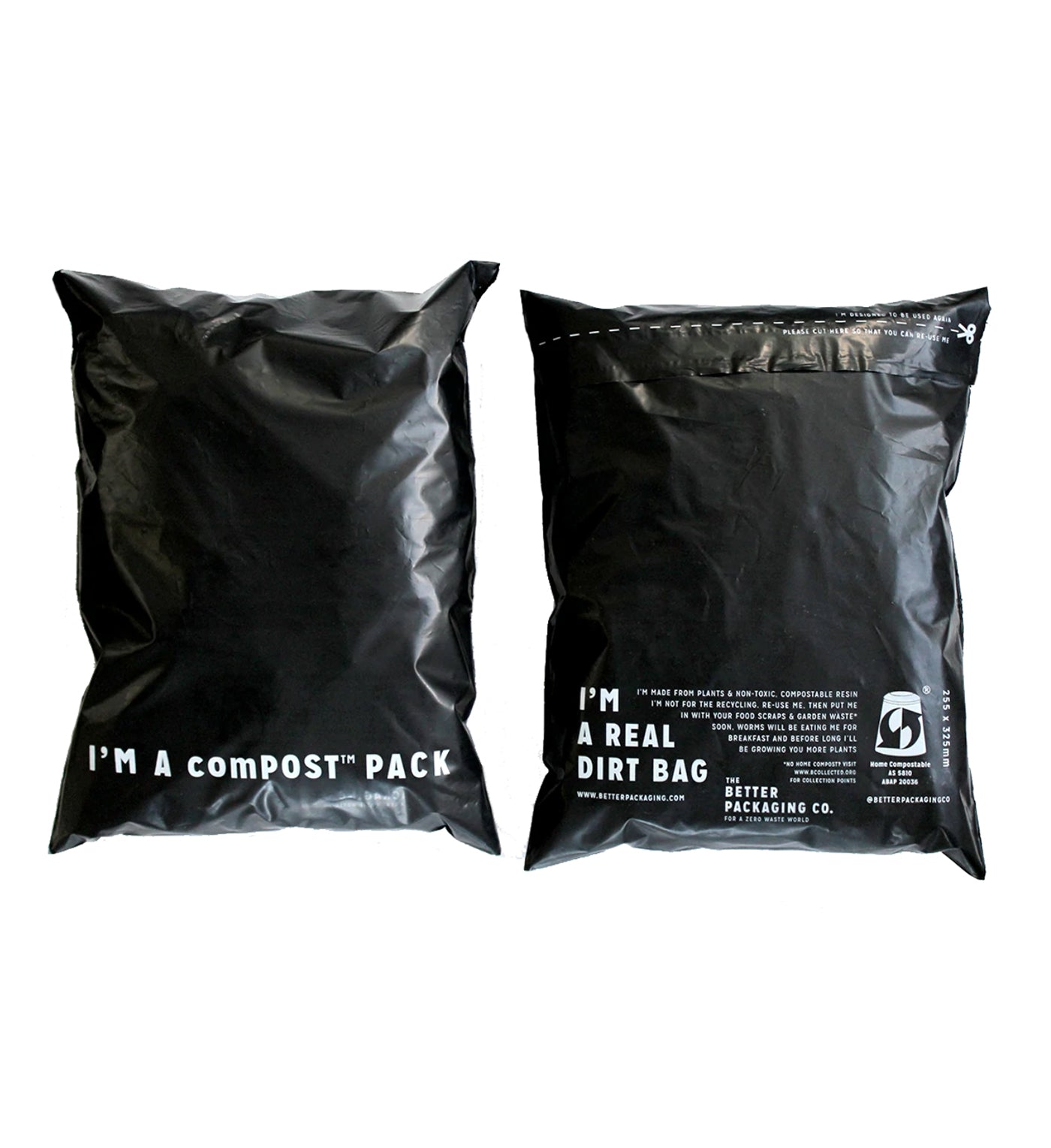 Two black bags with witty text, one saying 'I'm a Compost Pack' and the other proudly declaring 'I'm a Real Dirt Bag'