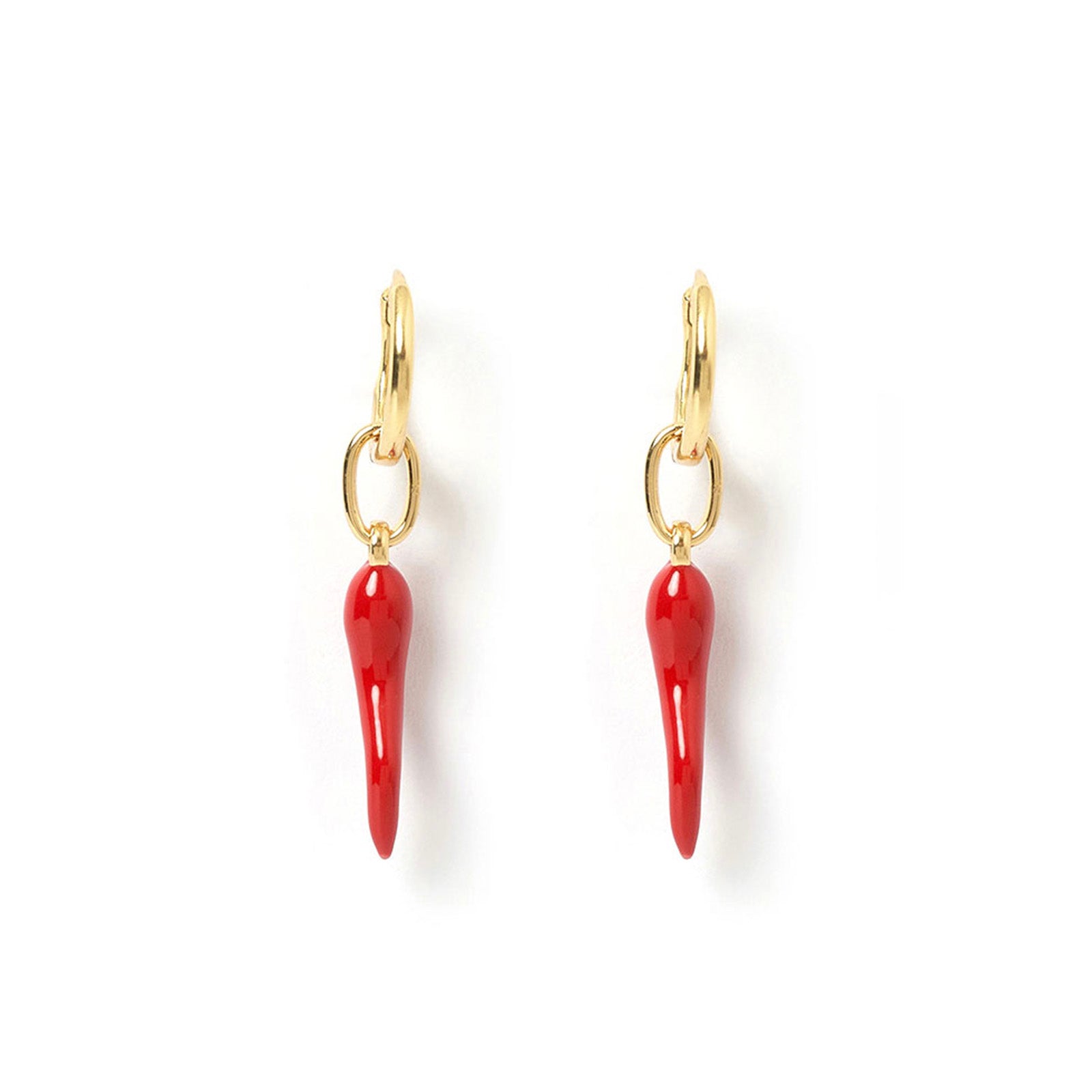 Arms Of Eve unique gold earrings with dangling red Cornicello chili charms for a bold and spicy accessory