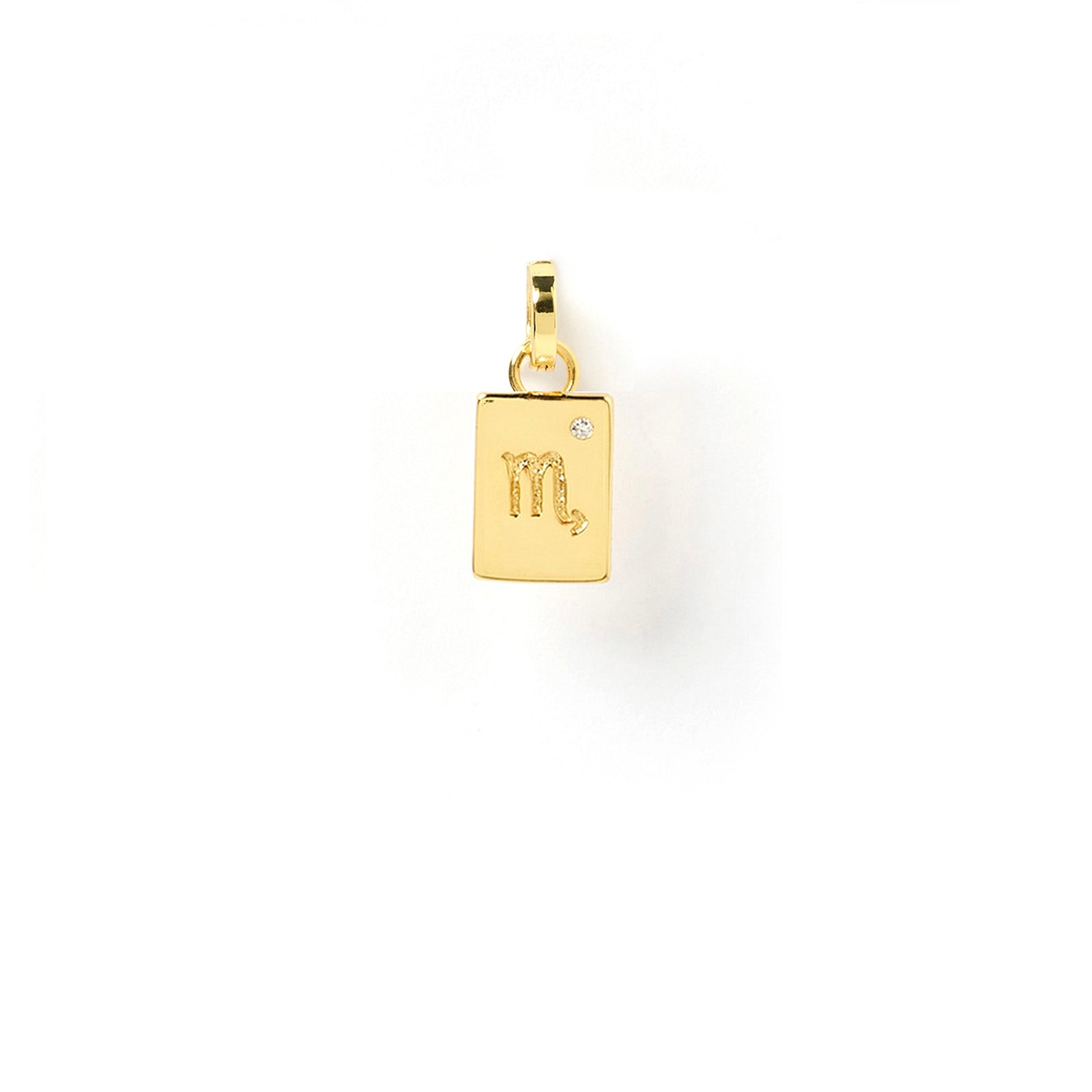 Arms Of Eve gold tag charm with the Scorpio zodiac sign and a diamond, a perfect combination for astrology enthusiasts