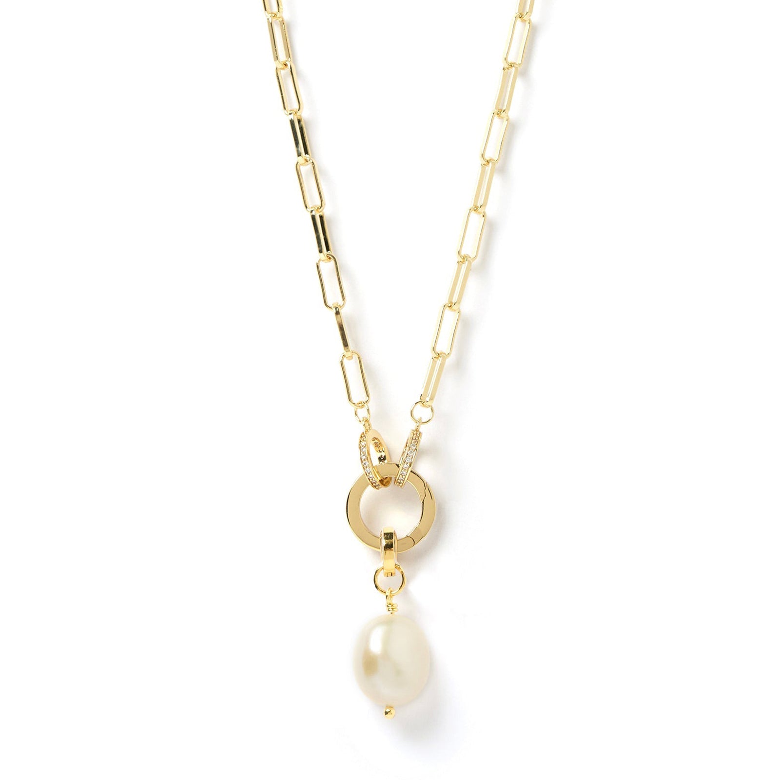 Arms Of Eve stunning gold Akira pearl 'O' charm necklace adorned with beautiful pearl pendant, adding a touch of elegance