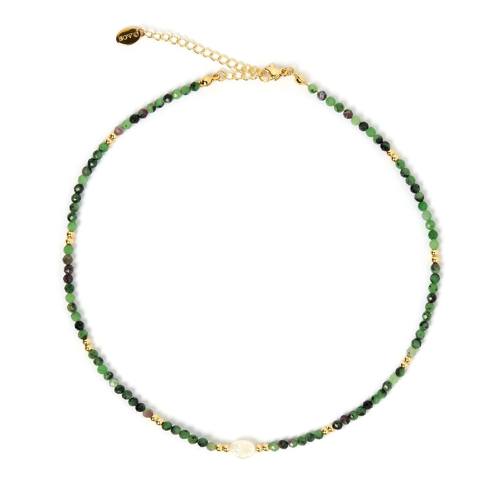 Handmade Arms Of Eve Mila gemstone necklace featuring green and dark green beads, a pearl, and a gold chain
