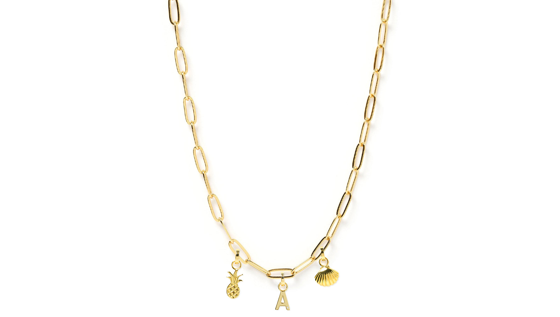 Arms Of Eve stylish Valencia gold chain necklace adorned with pineapple, shell and letter A charms