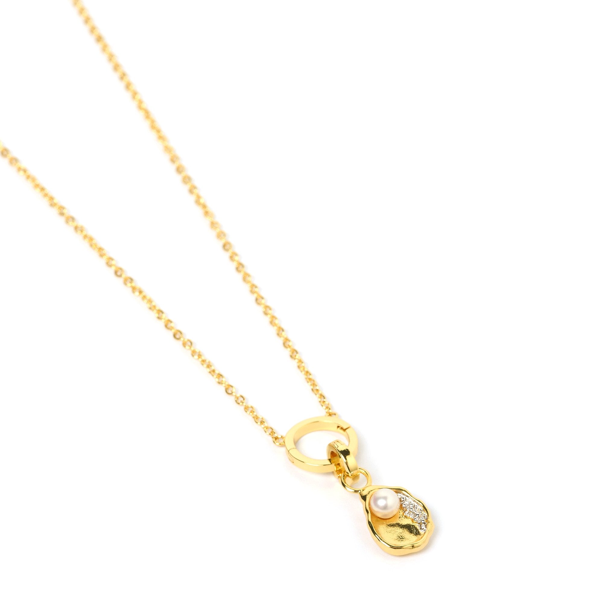 Arms Of Eve stunning Ursula 'O' charm gold necklace adorned with lustrous pearl and sparkling diamond pendant