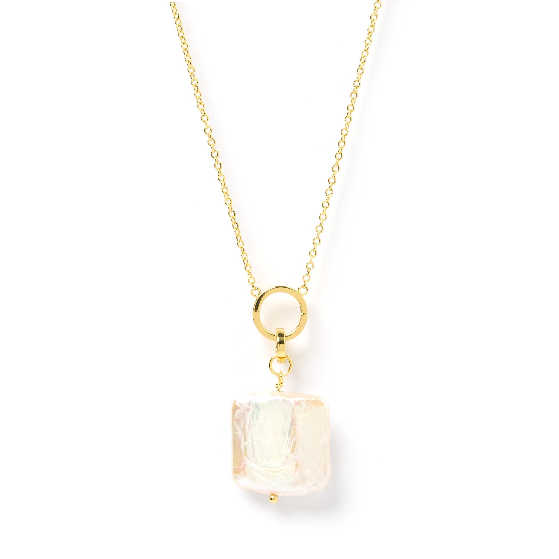 Arms Of Eve Una pearl 'O' charm gold necklace with square pearl pendant, perfect for adding touch of elegance to any outfit