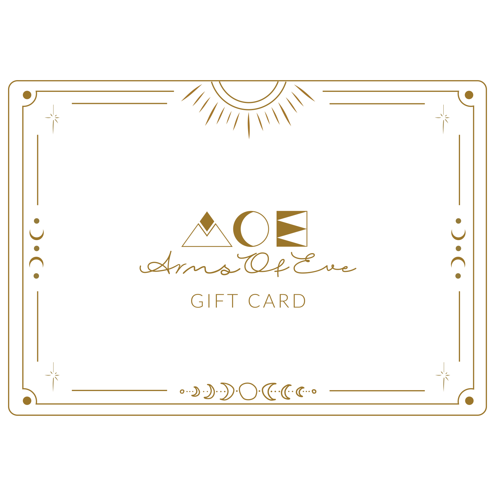 Arms Of Eve gift card with elegant gold frame or border, perfect for gifting handmade jewelry, bags and hats